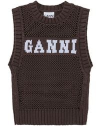 Ganni - Open Stitch Gebreide Vest Met Logo - Lyst