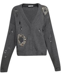 Area - Crystal-Embellished Distressed Cardigan - Lyst