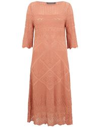 Alberta Ferretti - Crochet-Knit Three-Quarter Sleeve Midi Dress - Lyst
