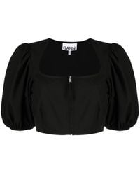 Ganni - Cropped Puff-Sleeve Blouse - Lyst