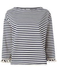Moncler Pom Pom Fringed Trim Striped Top - Blue