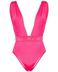 Balmain - Rhinestone-detailed Draped Swimsuit - Lyst