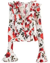 Carolina Herrera - Rose-Print Ruched Ruffle Top - Lyst