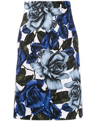 Prada Falda acampanada con estampado de rosas - Azul