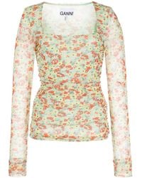 Ganni - Floral-Print Mesh Top - Lyst