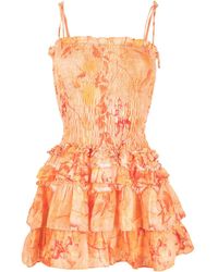 Bambah Floral-print Smocked Linen Dress - Orange