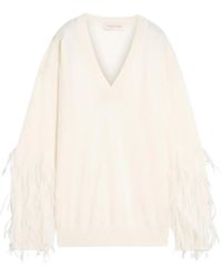Valentino Garavani - Blouse Met V-Hals En Afwerking Van Veren - Lyst