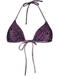 Versace - All-over Logo Print Bikini Top - Lyst