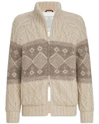 Brunello Cucinelli - Virgin Wool, Silk And Cashmere Cable Knit Down Jacket With Intarsia - Lyst