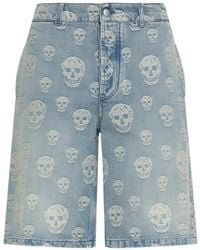 McQueen - Skull Light Cotton Denim Bermuda Shorts With All-Over Skull Motif - Lyst
