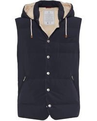 Brunello Cucinelli - Gilet blu imbottito con cappuccio - Lyst