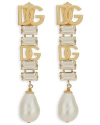 Dolce & Gabbana - Dg Logo Crystal And Faux Pearl-detail Drop Earrings - Lyst