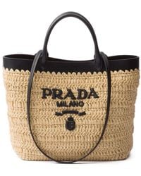 Prada - Leather-trimmed Woven Tote Bag - Lyst