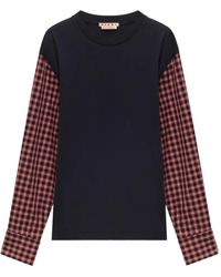 Marni - T-Shirt En Coton Foncé À Manches À Carreaux - Lyst