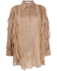 Valentino Garavani - Beige Silk Ruffle-trim Silk Blouse - Lyst