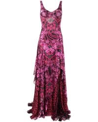 Versace - Orchid Barocco-print Ruffled Silk Dress - Lyst