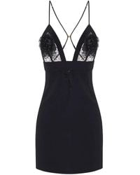 Elisabetta Franchi - Plunging Neckline Mini Dress With Lace Detailing And Floral Embellishments - Lyst