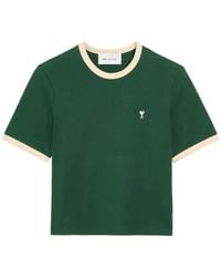 Ami Paris - Cropped T-Shirt With Cream Ribbed Trims And Embroidered Logo - Lyst