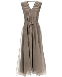 Brunello Cucinelli - Pleated V-Neck Silk Maxi Dress - Lyst