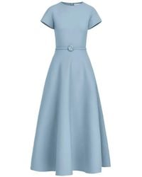 Oscar de la Renta - Belted Cap-Sleeve Flared Dress - Lyst