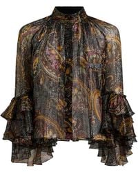 Etro - Silk Shirt With Ruffle And Striped Floral Paisley Motif - Lyst