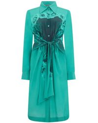 Alberta Ferretti - Rose-Print Belted Midi Shirt Dress - Lyst