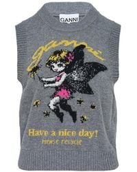 Ganni - Graphic-Intarsia Knitted Vest - Lyst