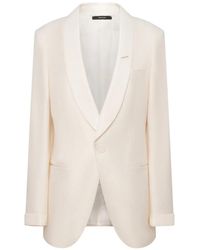 Tom Ford - Single-Breasted Cream Viscose Blend Blazer With Shawl Lapels And Silk Satin Cuffs - Lyst