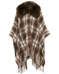 Moncler - Plaid-Check Faux-Fur-Collar Cape - Lyst