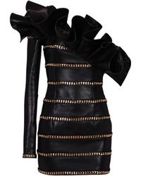 Balmain - Asymmetric Leather Bodycon Dress With Chains - Lyst