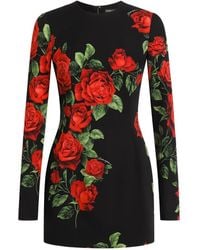 Dolce & Gabbana - Rose-Print Charmeuse Mini Dress - Lyst