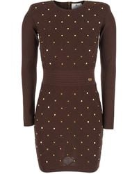 Elisabetta Franchi - Brown Crewneck Diamond Quilted Dress With All-over Embellishments In Wool Woman - Lyst