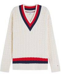 Tommy Hilfiger - Cable-Knit Striped-Trim Sweater - Lyst