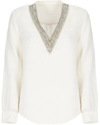 120% Lino - V-Neck Embellished Blouse - Lyst