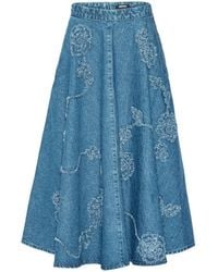 ROTATE BIRGER CHRISTENSEN - Flared Midi Denim Skirt With Floral Embroidery - Lyst