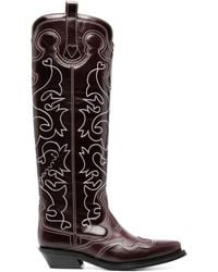 Ganni - Embroidered Knee-high Leather Cowboy Boots - Lyst