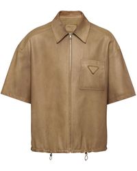 Prada - Leren Overhemd Met Logopatch - Lyst