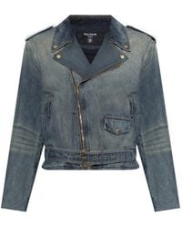 Balmain - Belted Biker-Style Denim Jacket - Lyst
