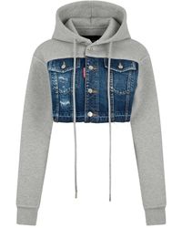 DSquared² - Medium Ripped Wash Denim Mix Cropped Hybrid Hoodie - Lyst