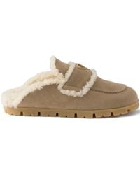 Prada - Shearling Logo-plaque Mules - Lyst