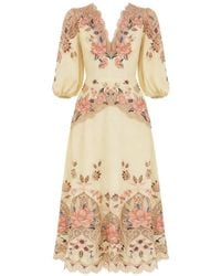 FARM Rio Delicate Flower Arabesques Linen Midi Dress in Yellow | Lyst
