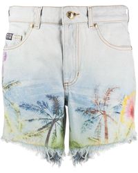 Versace - Palm-print Denim Shorts - Lyst