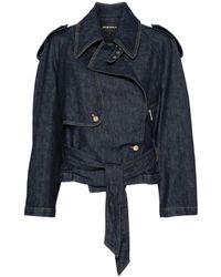 Emporio Armani - Belted Denim Jacket With Wide Lapels And Epaulettes - Lyst