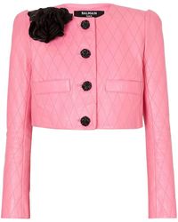 Balmain - Diamond-quilted Cropped Leather Jacket - Lyst