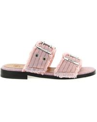 Ganni - Fringed Denim Buckle Cameo Textile Sandals - Lyst