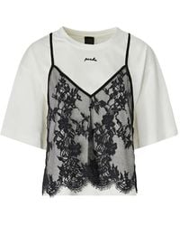 Pinko - Lace-Overlay Logo-Embroidered T-Shirt - Lyst