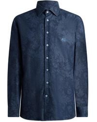 Etro - Cotton Denim Shirt With Leafy Paisley Motif And Pegaso - Lyst
