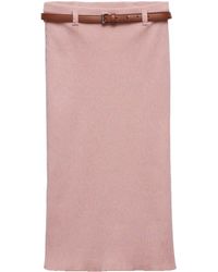 Prada - Belted Ribbed Cotton Midi Skirt - Lyst