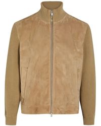 BOSS - Knit-Sleeves Suede Jacket - Lyst
