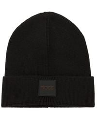 BOSS - Logo-Patch Ribbed-Knit Beanie Hat - Lyst